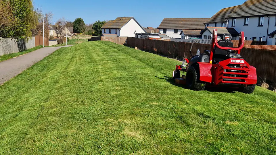 Ride-on mower maintaining a shared grass bank beside homes on a housing estate