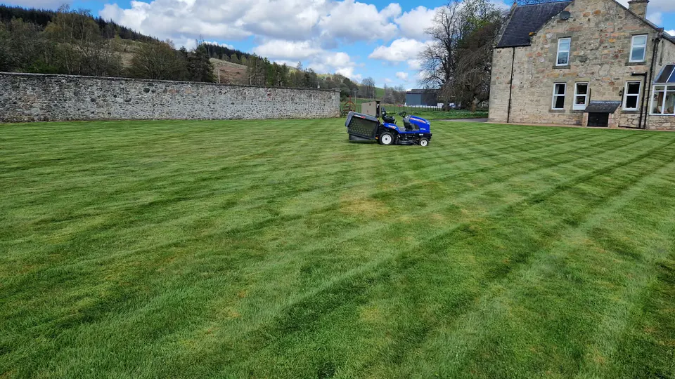 Ride-on mower maintaining a large striped lawn